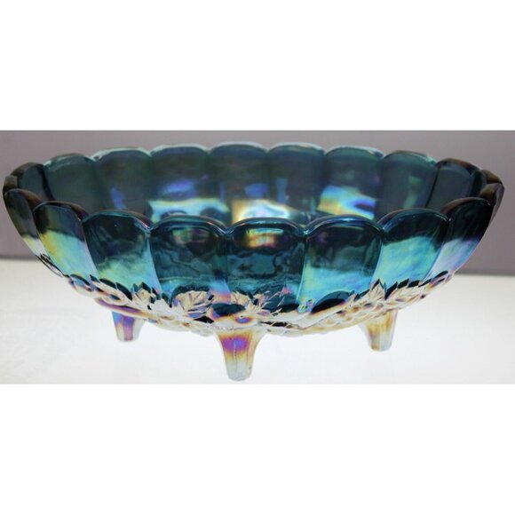 VTG Indiana Carnival Glass Blue Grapes Footed Harvest Fruit Bowl Iridescent - Picture 5 of 10